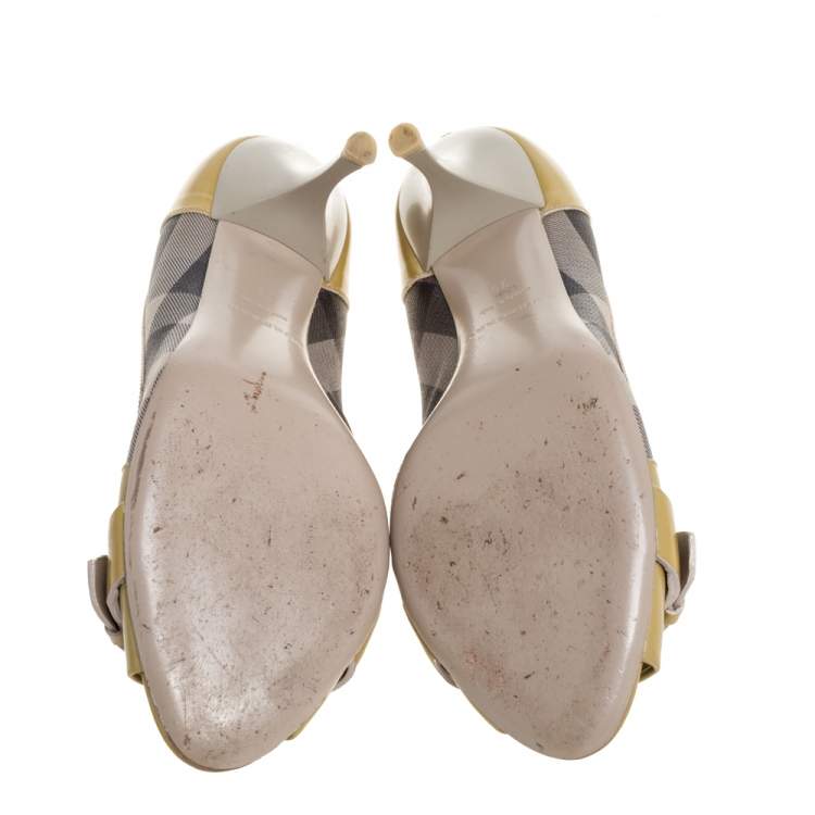 Pre Owned Burberry Yellow/Beige Check PVC and Patent Leather Buckle Peep Toe Pumps Size 38
