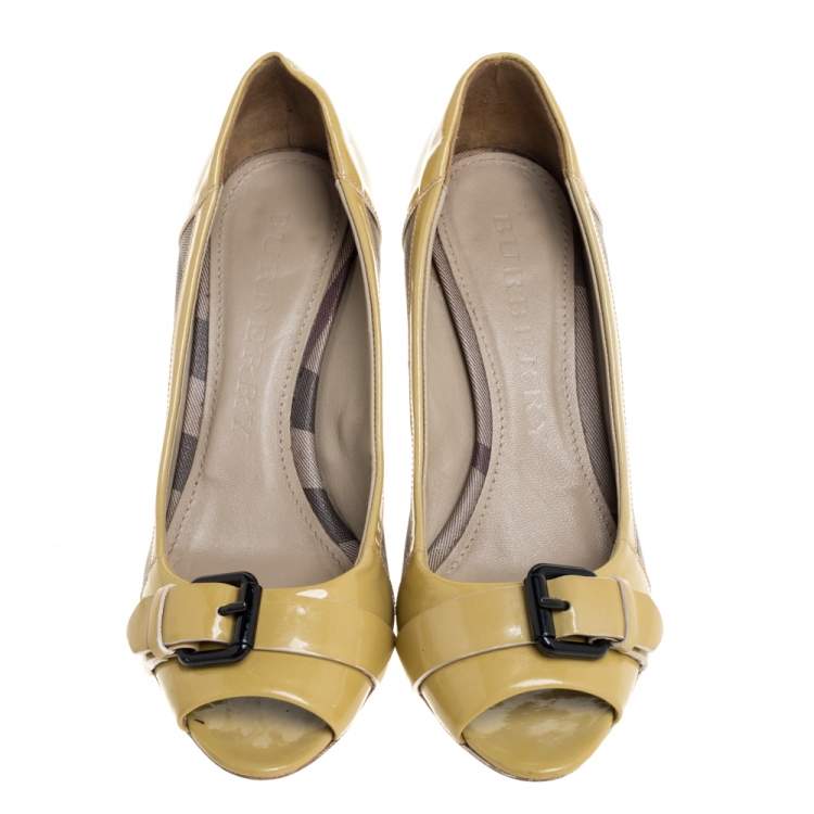 Pre Owned Burberry Yellow/Beige Check PVC and Patent Leather Buckle Peep Toe Pumps Size 38