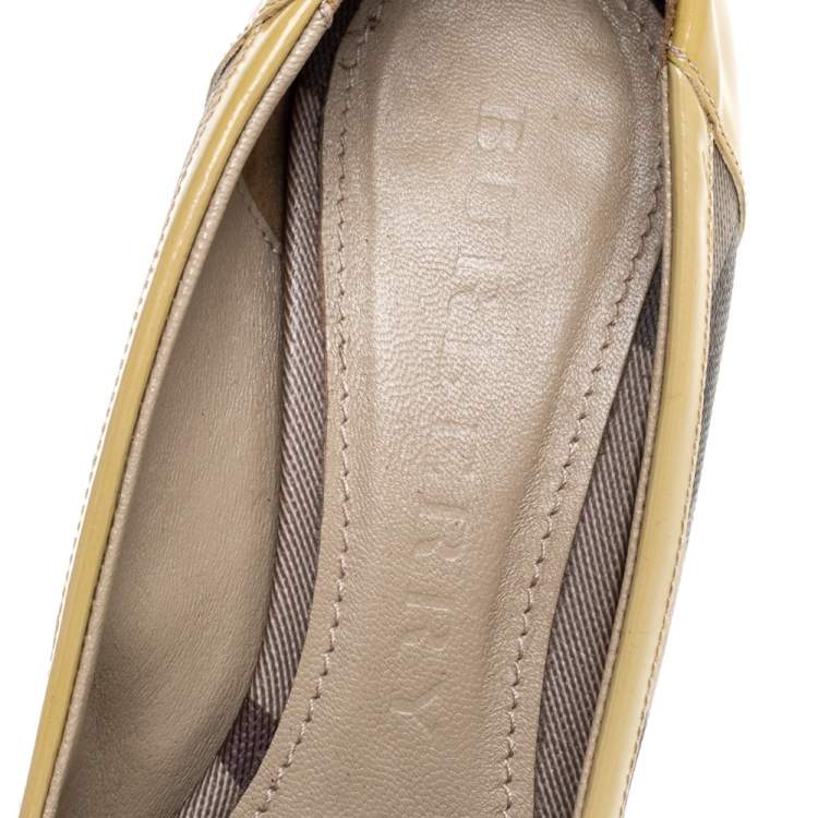 Pre Owned Burberry Yellow/Beige Check PVC and Patent Leather Buckle Peep Toe Pumps Size 38