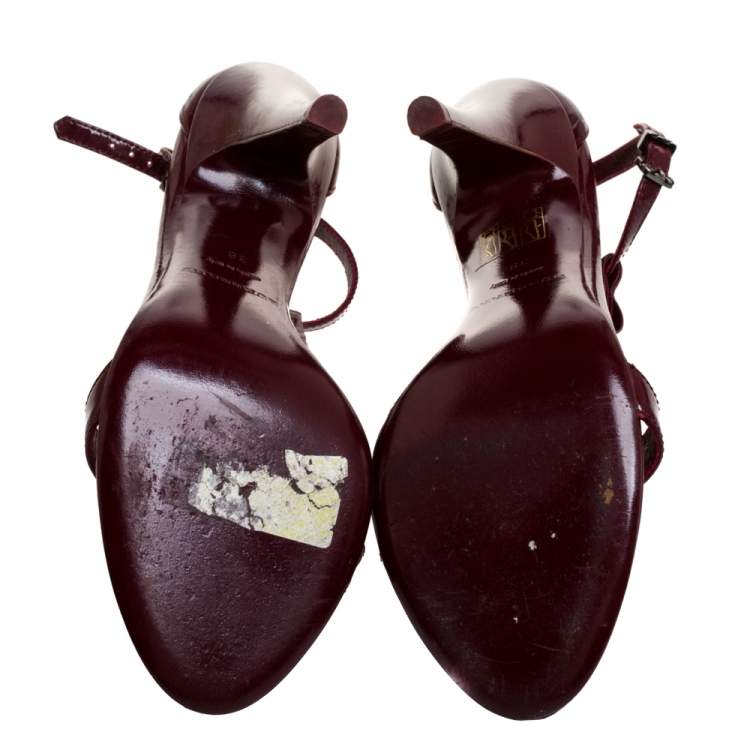 Pre Owned Burberry Burgundy Patent Leather T-Strap Sandals Size 38