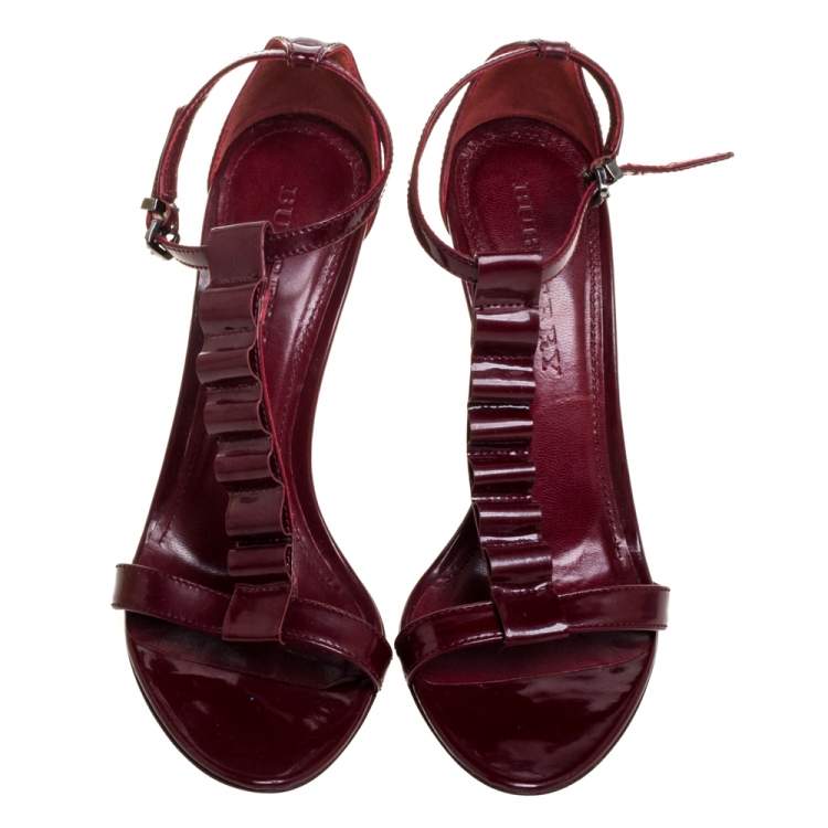 Pre Owned Burberry Burgundy Patent Leather T-Strap Sandals Size 38