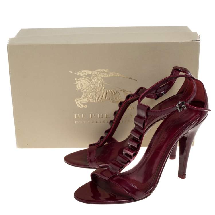 Pre Owned Burberry Burgundy Patent Leather T-Strap Sandals Size 38