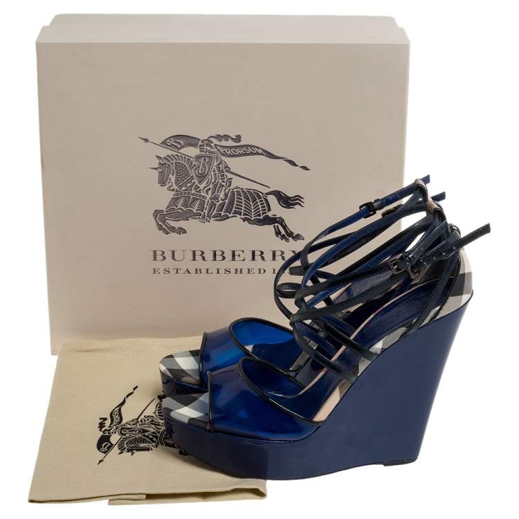 Pre Owned Burberry Blue Patent Leather, PVC and Check Canvas Ankle Strap Wedge Platform Sandals Size 41
