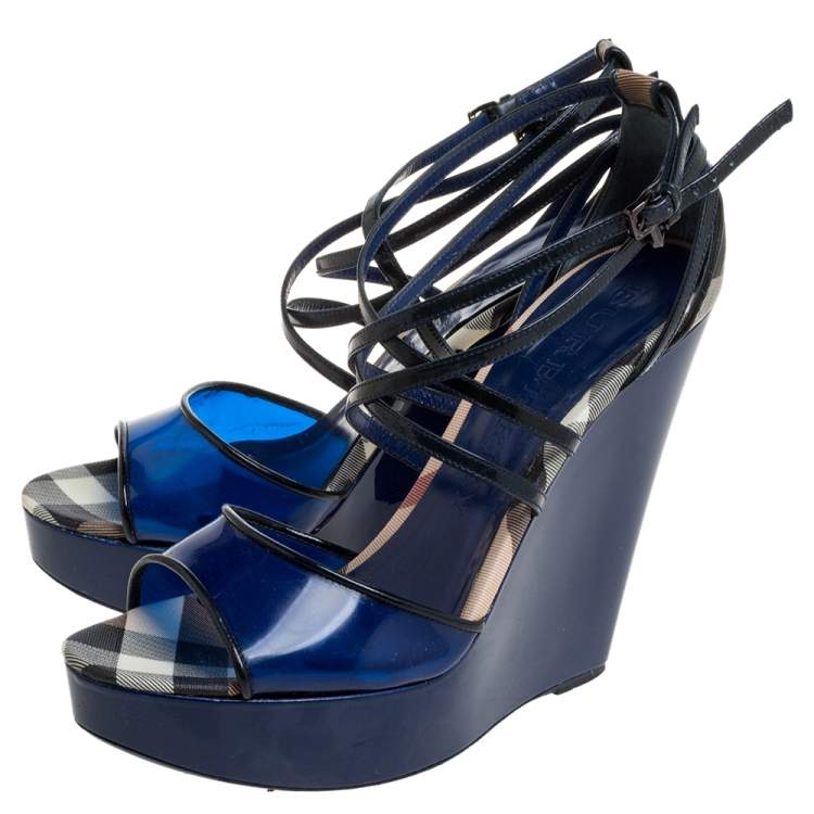 Pre Owned Burberry Blue Patent Leather, PVC and Check Canvas Ankle Strap Wedge Platform Sandals Size 41