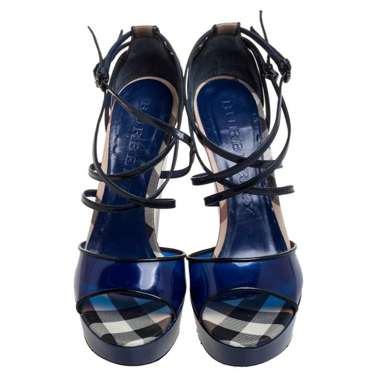 Pre Owned Burberry Blue Patent Leather, PVC and Check Canvas Ankle Strap Wedge Platform Sandals Size 41