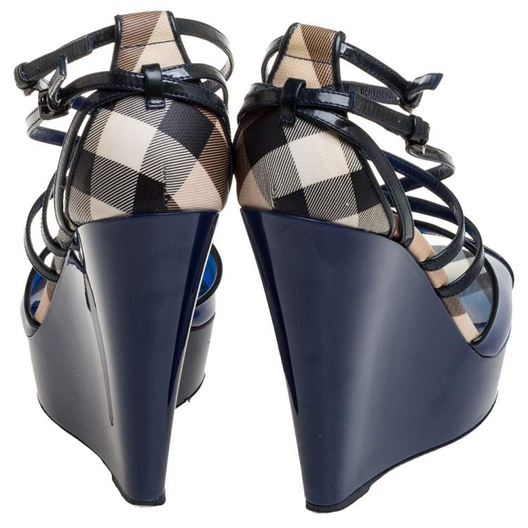 Pre Owned Burberry Blue Patent Leather, PVC and Check Canvas Ankle Strap Wedge Platform Sandals Size 41