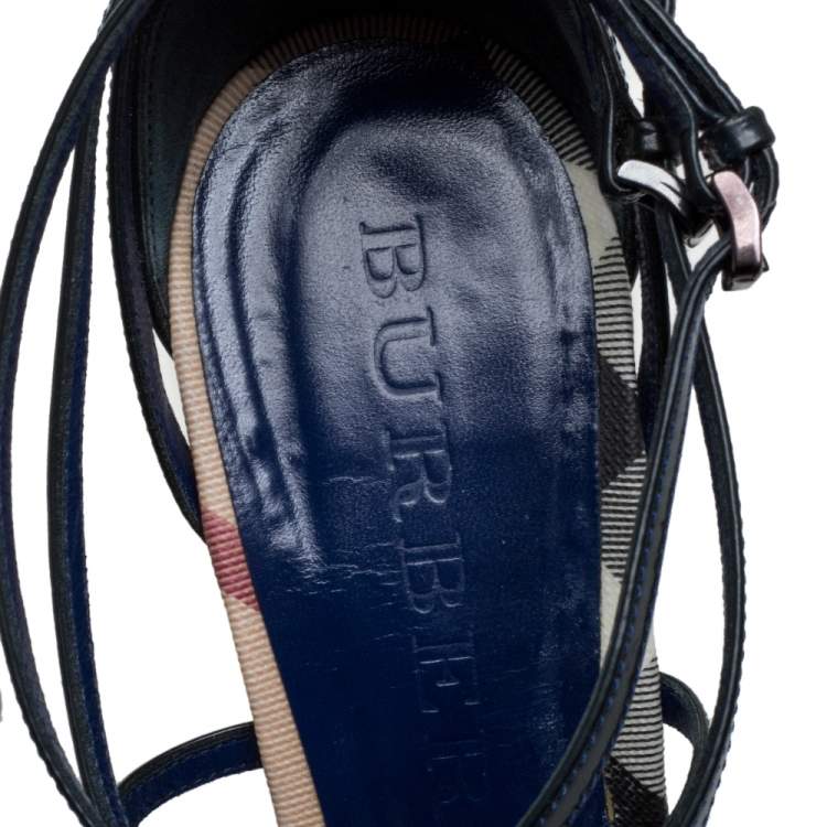 Pre Owned Burberry Blue Patent Leather, PVC and Check Canvas Ankle Strap Wedge Platform Sandals Size 41