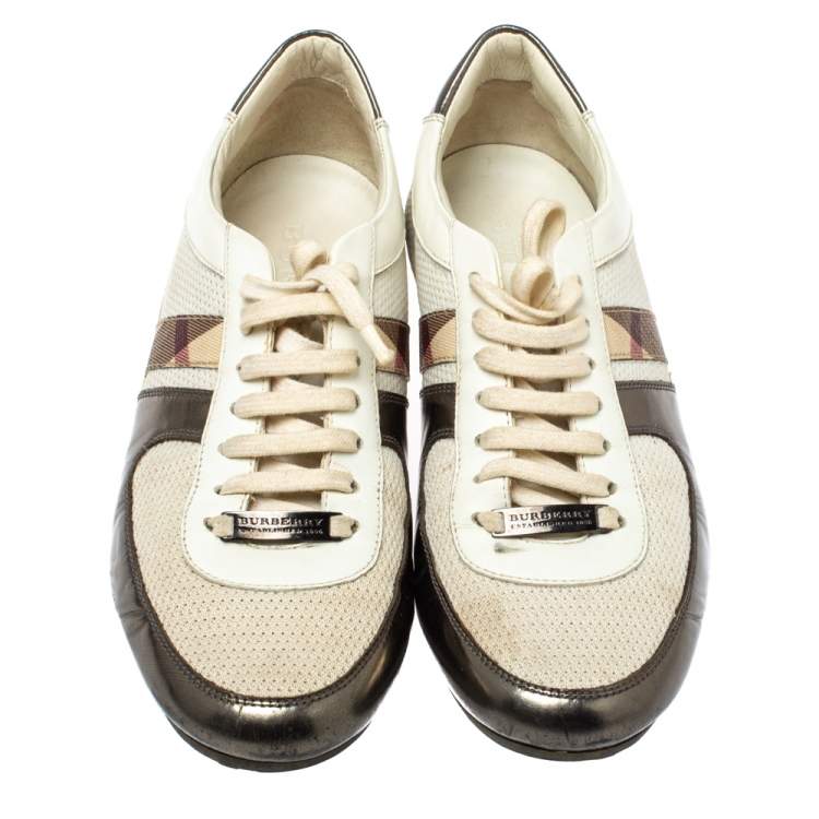 Pre Owned Burberry White Leather and Mesh Low Top Sneakers Size 37