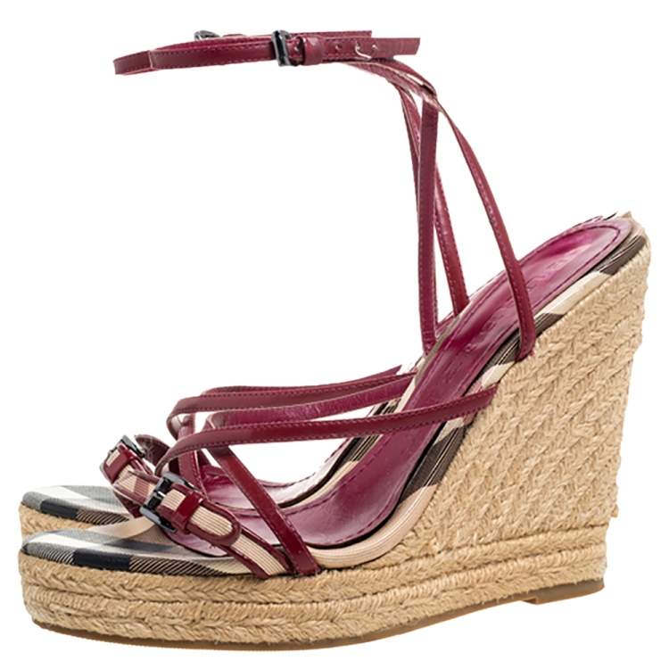 Pre Owned Burberry Burgundy Patent Leather Espadrille Wedge Sandals Size 38