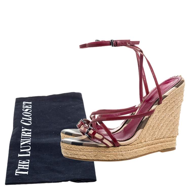 Pre Owned Burberry Burgundy Patent Leather Espadrille Wedge Sandals Size 38