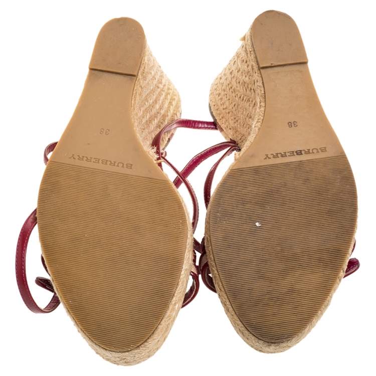 Pre Owned Burberry Burgundy Patent Leather Espadrille Wedge Sandals Size 38