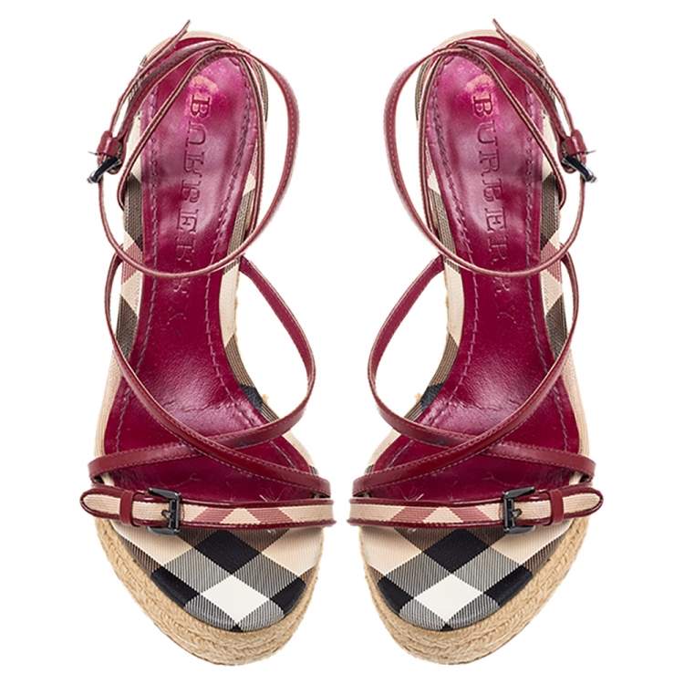 Pre Owned Burberry Burgundy Patent Leather Espadrille Wedge Sandals Size 38