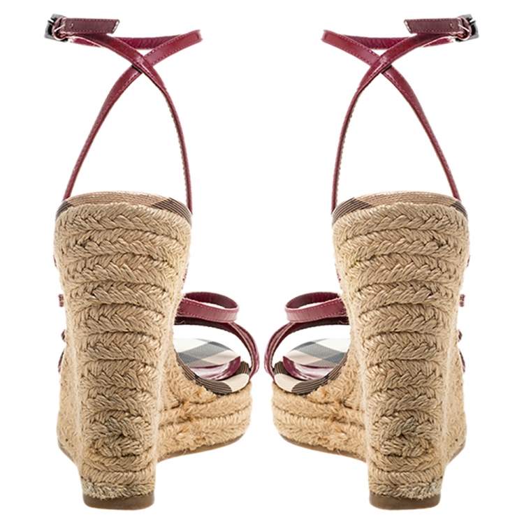 Pre Owned Burberry Burgundy Patent Leather Espadrille Wedge Sandals Size 38