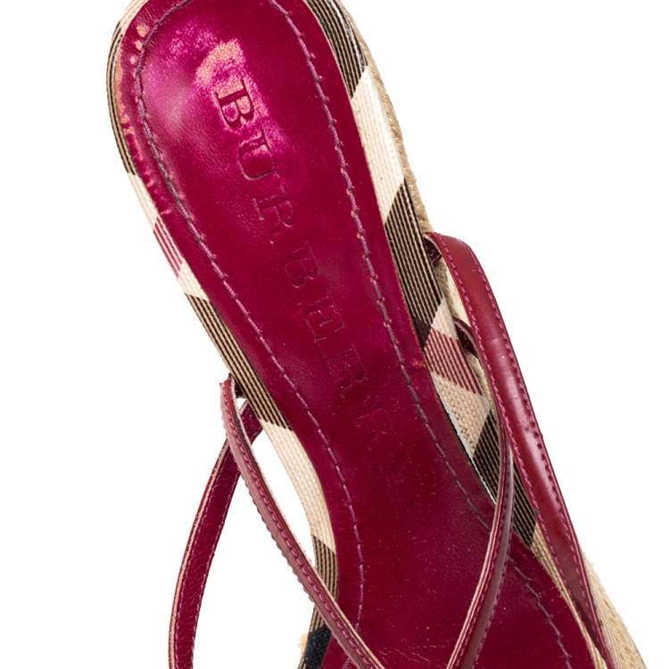 Pre Owned Burberry Burgundy Patent Leather Espadrille Wedge Sandals Size 38