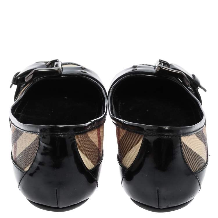 مملوكة مسبقًا Burberry Black  Patent Leather And Coated Canvas Nova Check Buckle Detail Ballet Flats Size 37