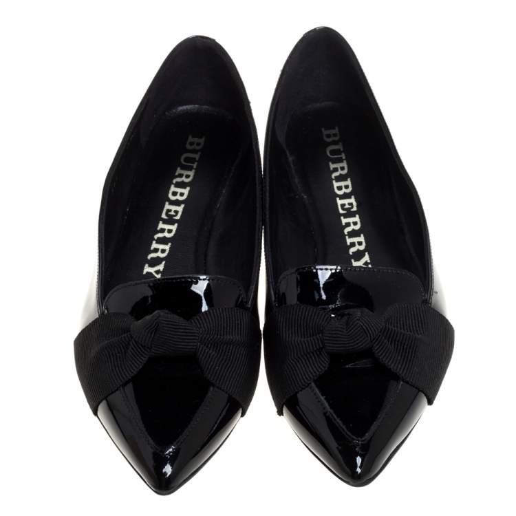 Pre Owned Burberry Black Patent Leather Bow Flats Size 36.5