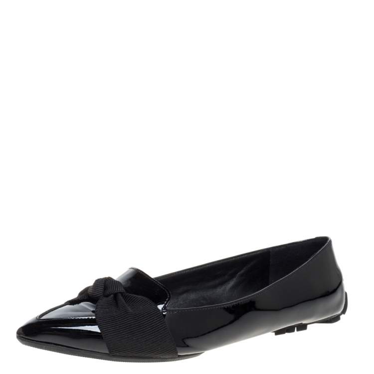 Pre Owned Burberry Black Patent Leather Bow Flats Size 36.5