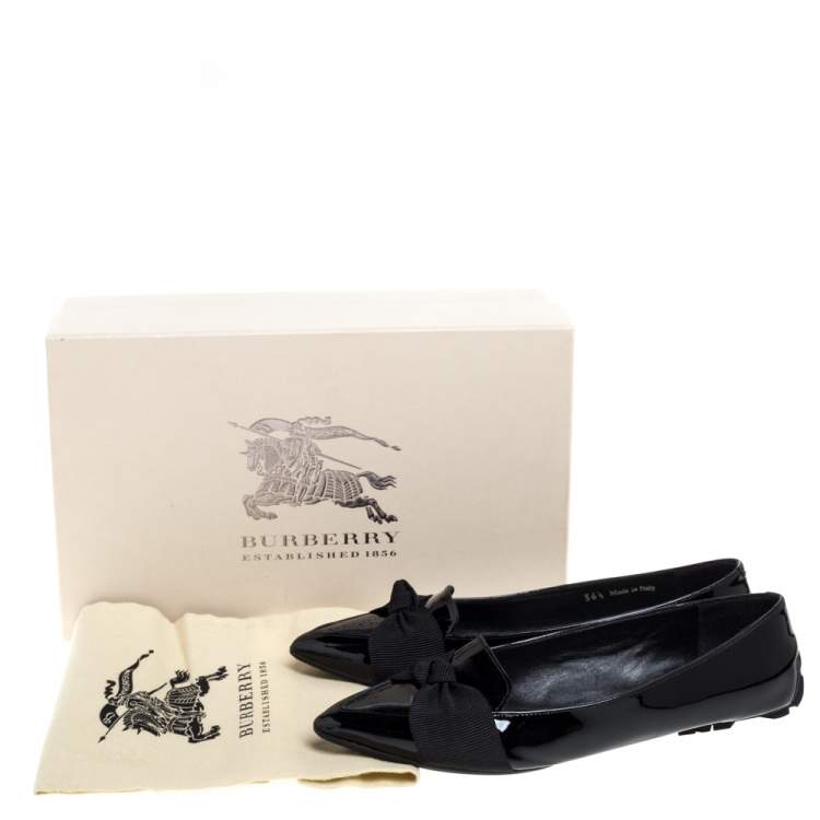 Pre Owned Burberry Black Patent Leather Bow Flats Size 36.5