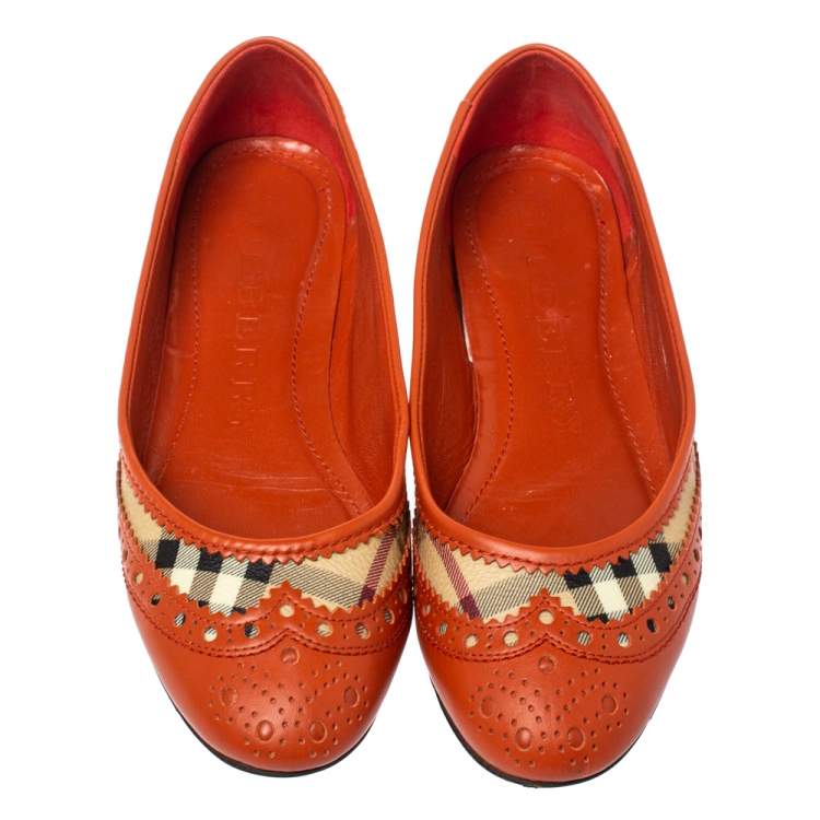 Pre Owned Burberry Orange Brogue Leather And Haymarket Check Canvas Tudor Ballet Flats Size 37