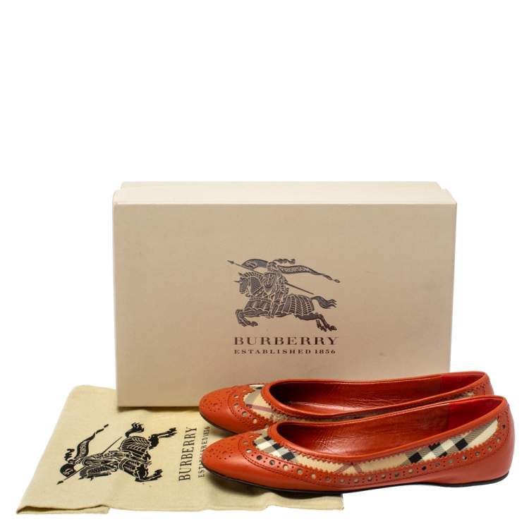 Pre Owned Burberry Orange Brogue Leather And Haymarket Check Canvas Tudor Ballet Flats Size 37