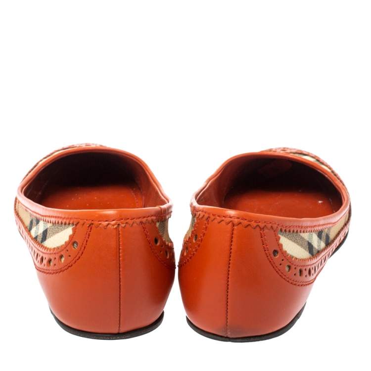 Pre Owned Burberry Orange Brogue Leather And Haymarket Check Canvas Tudor Ballet Flats Size 37