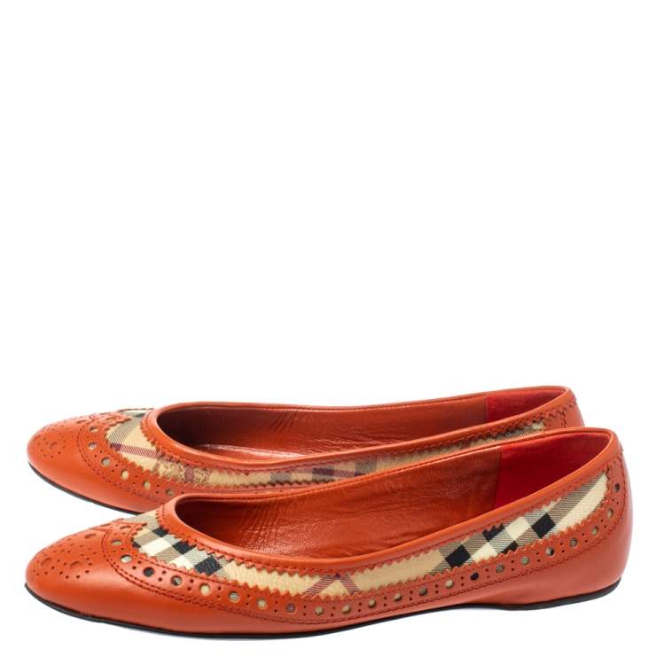 Pre Owned Burberry Orange Brogue Leather And Haymarket Check Canvas Tudor Ballet Flats Size 37