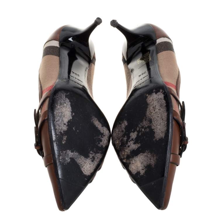 Pre Owned Burberry Brown Housecheck Canvas and Leather Pointed Toe Buckle Pumps Size 39.5