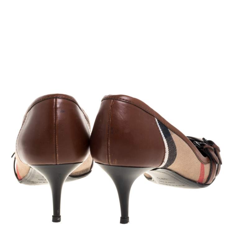 Pre Owned Burberry Brown Housecheck Canvas and Leather Pointed Toe Buckle Pumps Size 39.5