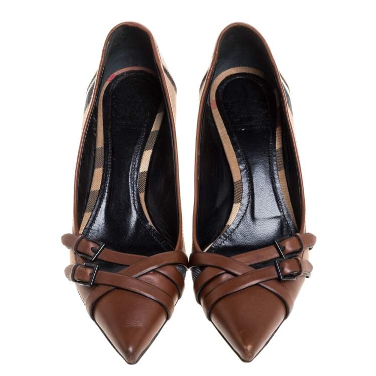 Pre Owned Burberry Brown Housecheck Canvas and Leather Pointed Toe Buckle Pumps Size 39.5