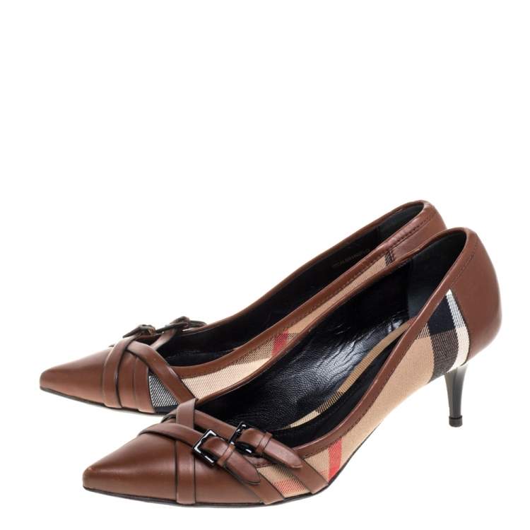 Pre Owned Burberry Brown Housecheck Canvas and Leather Pointed Toe Buckle Pumps Size 39.5