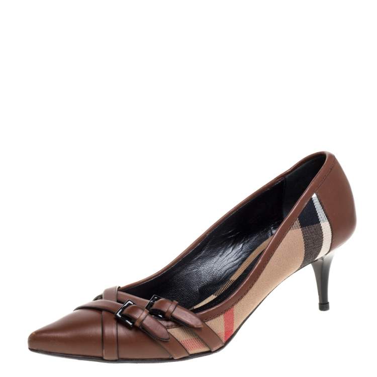 Pre Owned Burberry Brown Housecheck Canvas and Leather Pointed Toe Buckle Pumps Size 39.5