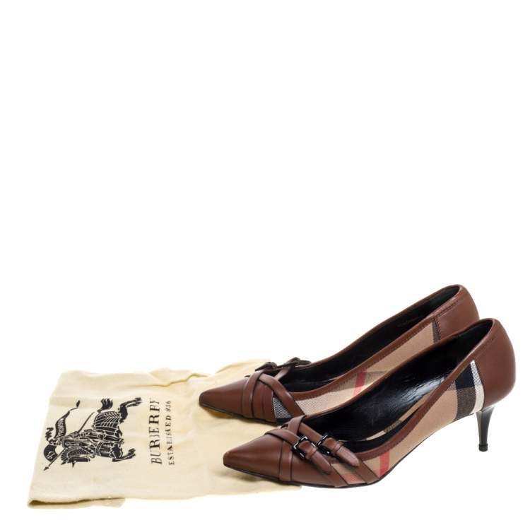 Pre Owned Burberry Brown Housecheck Canvas and Leather Pointed Toe Buckle Pumps Size 39.5