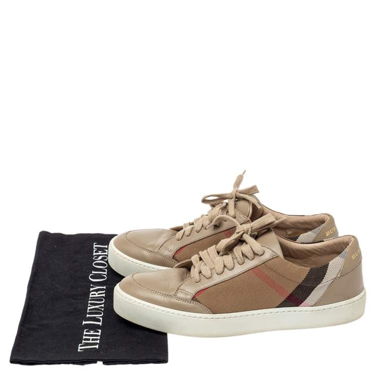 Pre Owned Burberry Beige Leather and Nova Check Canvas Low Top Sneakers Size 38
