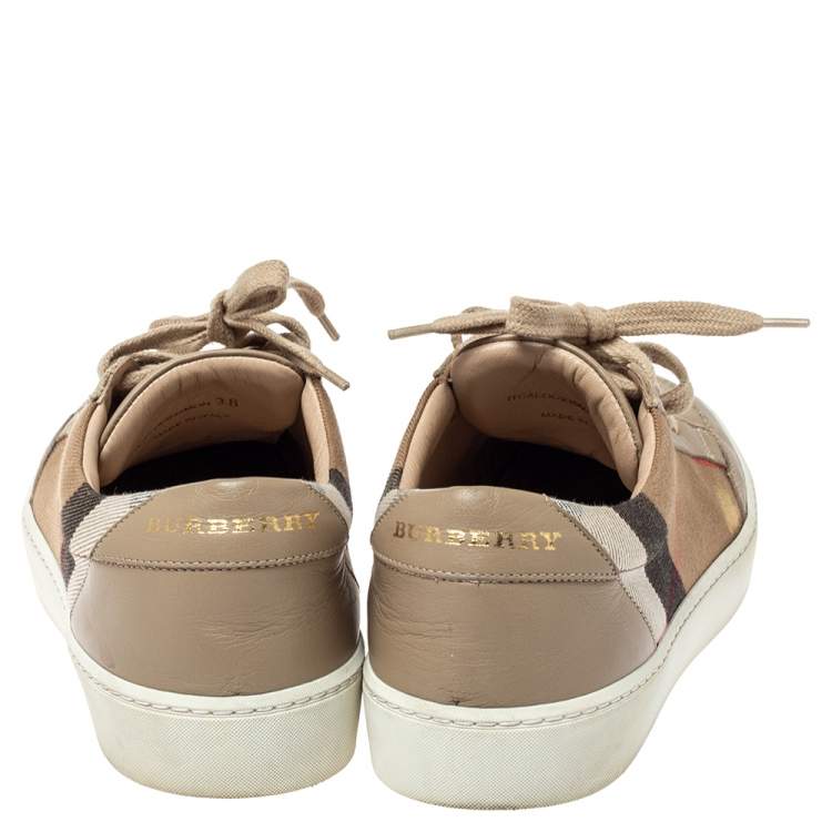 Pre Owned Burberry Beige Leather and Nova Check Canvas Low Top Sneakers Size 38