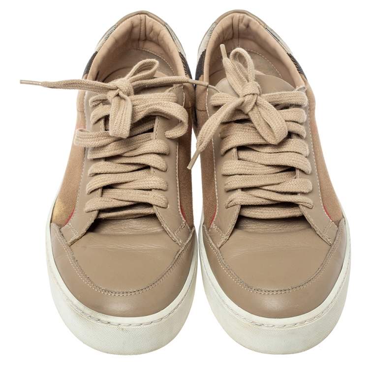 Pre Owned Burberry Beige Leather and Nova Check Canvas Low Top Sneakers Size 38