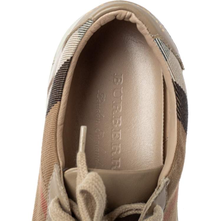 Pre Owned Burberry Beige Leather and Nova Check Canvas Low Top Sneakers Size 38