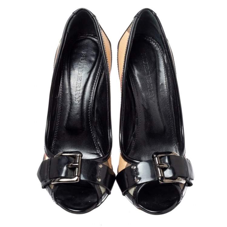 Pre Owned Burberry Black/Beige Nova Check PVC and Patent Leather Buckle Peep Toe Pumps Size 39