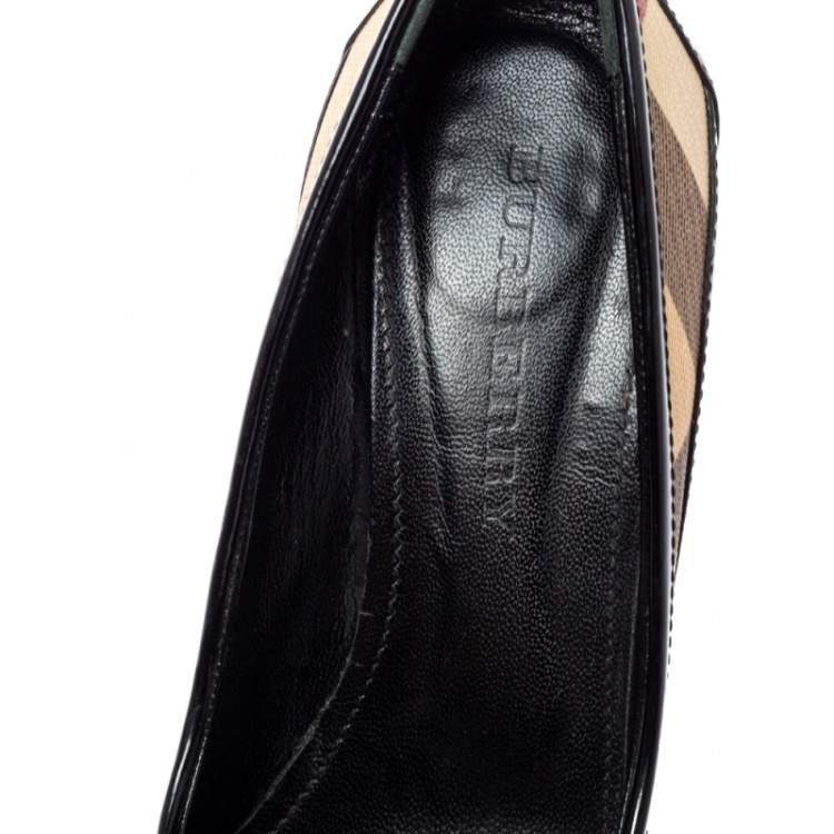 Pre Owned Burberry Black/Beige Nova Check PVC and Patent Leather Buckle Peep Toe Pumps Size 39