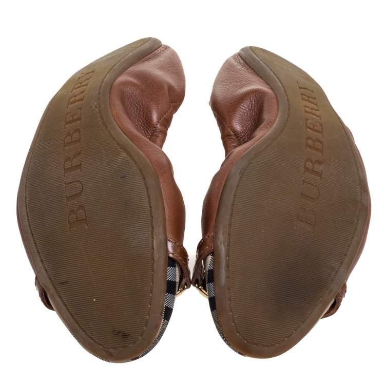 Pre Owned Burberry Brown Leather and Nova Check Canvas Drayton Twistlock Scrunch Ballet Flats Size 38