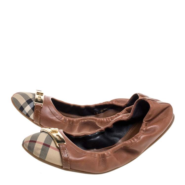 Pre Owned Burberry Brown Leather and Nova Check Canvas Drayton Twistlock Scrunch Ballet Flats Size 38