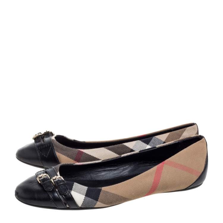 Pre Owned Burberry Beige /Black Nova Check Canvas and Leather Buckle Detail Ballet Flats Size 40