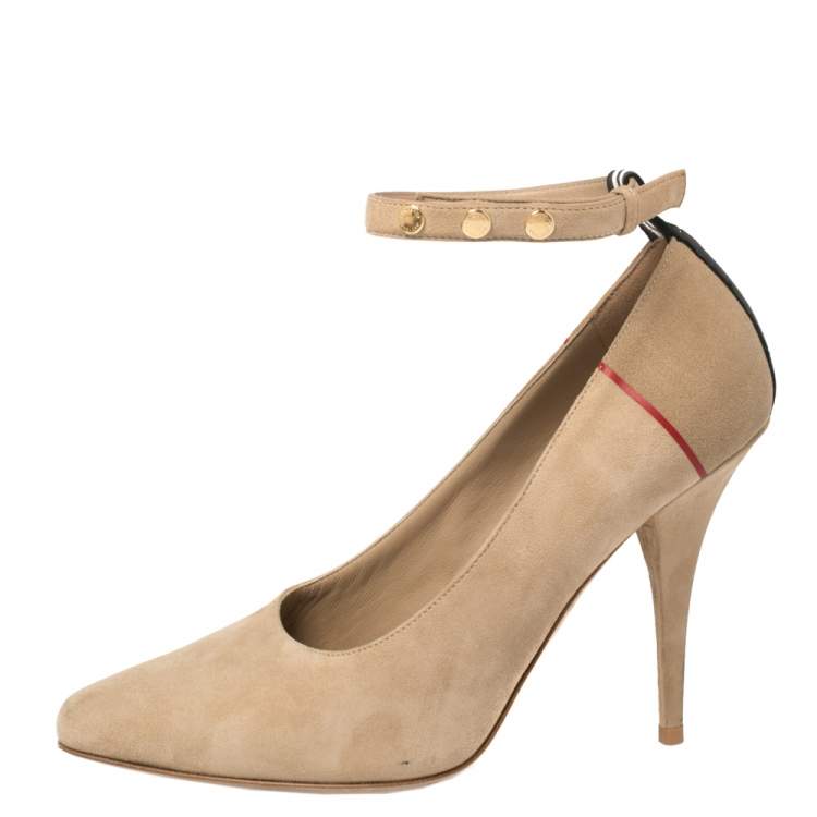 Pre Owned Burberry Beige Suede Leather Stripe Studded Ankle Cuff Pumps Size 39
