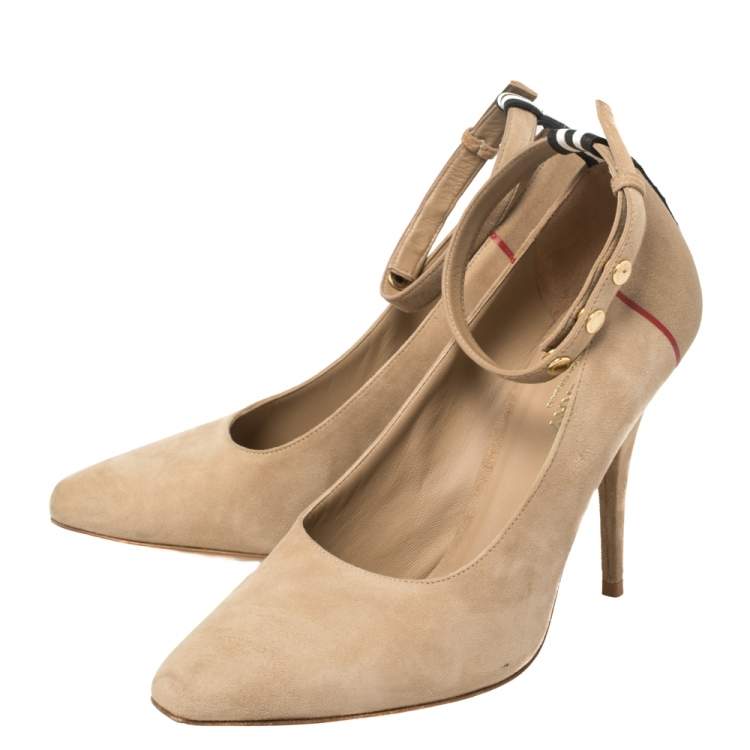 Pre Owned Burberry Beige Suede Leather Stripe Studded Ankle Cuff Pumps Size 39