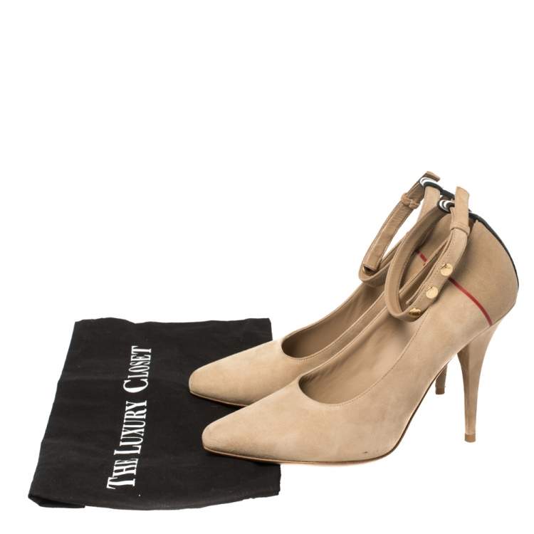 Pre Owned Burberry Beige Suede Leather Stripe Studded Ankle Cuff Pumps Size 39