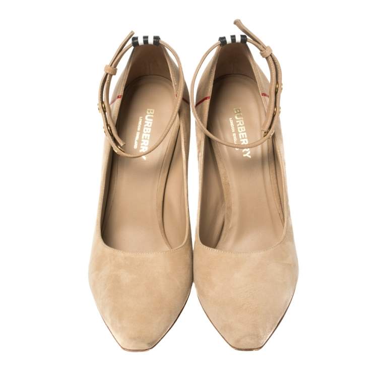 Pre Owned Burberry Beige Suede Leather Stripe Studded Ankle Cuff Pumps Size 39