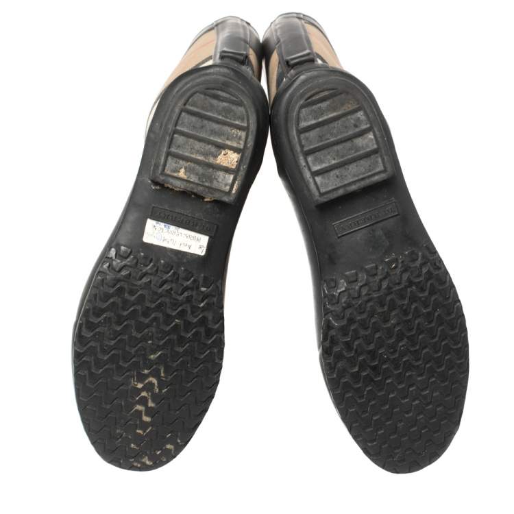 Pre Owned Burberry Black/Beige House Check Canvas And Rubber Clemence Rain Boots Size 36