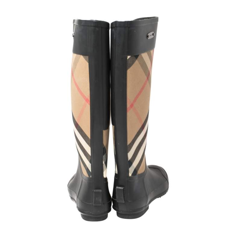 Pre Owned Burberry Black/Beige House Check Canvas And Rubber Clemence Rain Boots Size 36