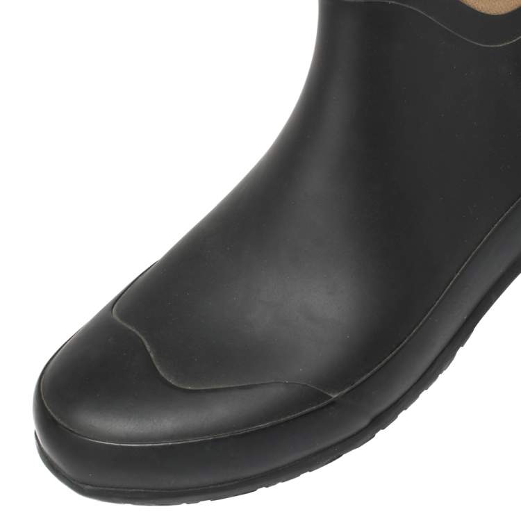 Pre Owned Burberry Black/Beige House Check Canvas And Rubber Clemence Rain Boots Size 36
