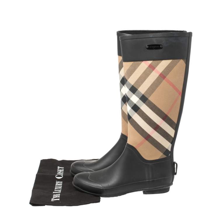 Pre Owned Burberry Black/Beige House Check Canvas And Rubber Clemence Rain Boots Size 36