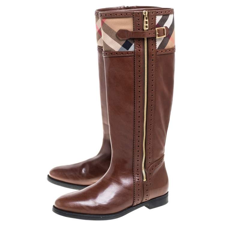 Pre Owned Burberry Brown Leather and Nova Check Canvas Bridle Brogue Knee High Boots Size 39